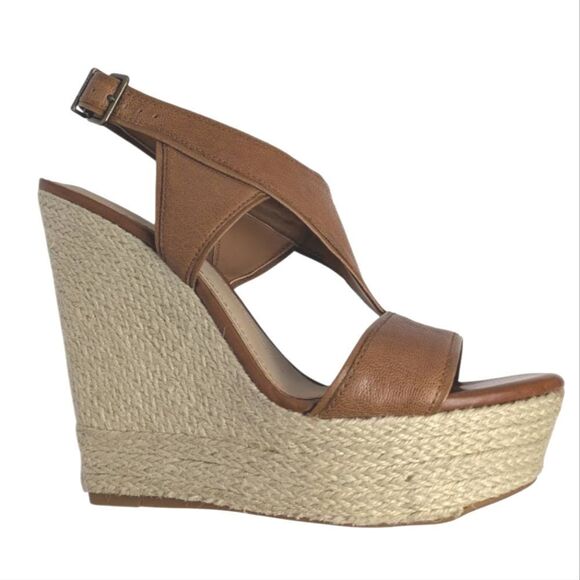 Gianni Bini Tan Leather Wedge Espadrille Sandals Slingback Heels Womens 9 - Picture 2 of 8